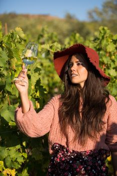 Young female with stylish hat looking at the color of wine in a drinking glass between vine rows.