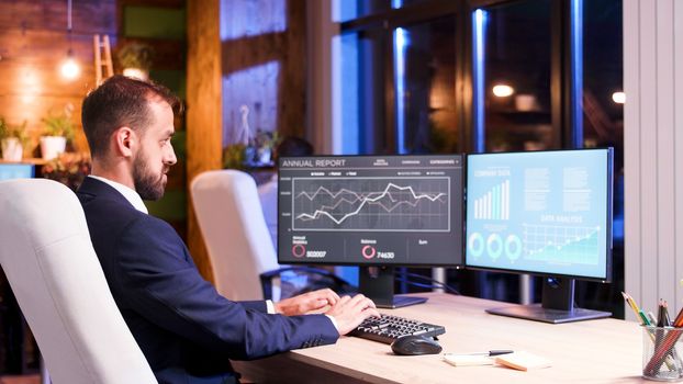 Business manager working on two screen setup late at night in the office