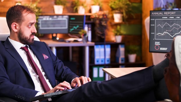 Manager working with his feet on the table. Office background