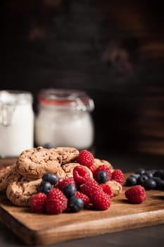 Tasty treat made of homemade chocolate chips with blueberries. Sweet snack.