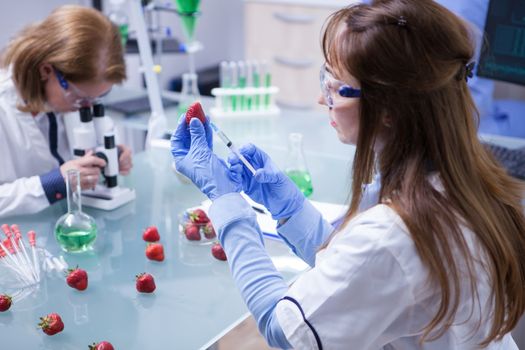 Back view of female scientist njecting chemicals into strawberrie. Food inspection.