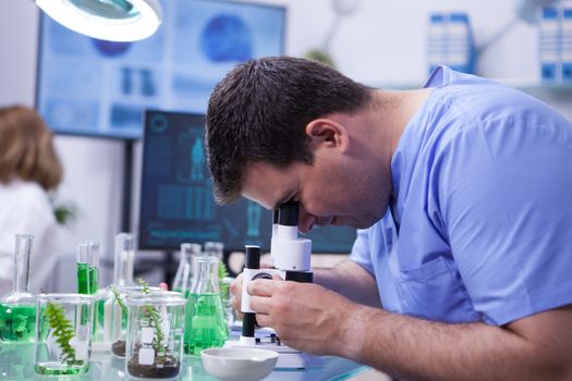 Scientist man looking through microscope after viruses in a research lab for agriculture industry. Test tubes.