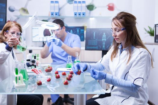 Middle age female scientis wearing protection gloves in a research lab. Tests on strawberries.