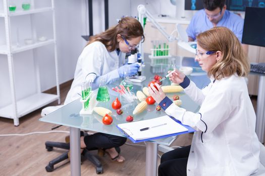 Team of scientist working together in a research lab doing biological test on tomatoes. Test tubes with green solution.