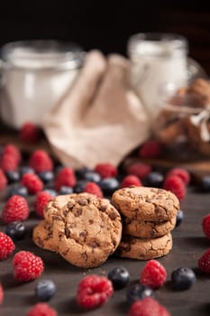 Stack of delicious and healthy chocolate cookies with dresh milk. Dark chocolate with biscuits.