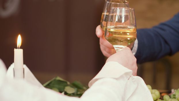 Senior couple raising toast during mealtime in a restaurant. Relaxed couple. Drinking wine.