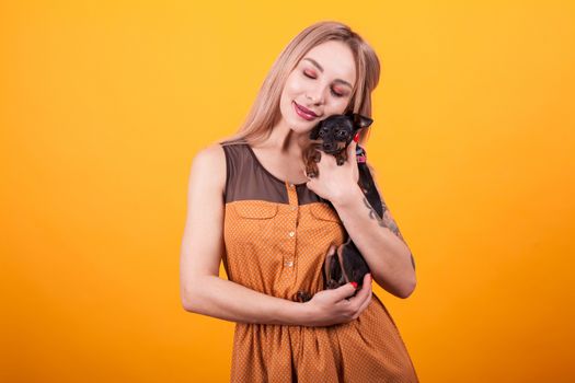 Beautiful young woman smiling and showing affection for her little puppy over yellow background. Casual dress. Dog lover.