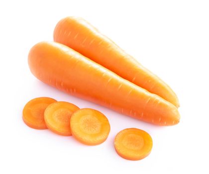 Closeup top view fresh carrot isolated on white background, healthy diet food drink