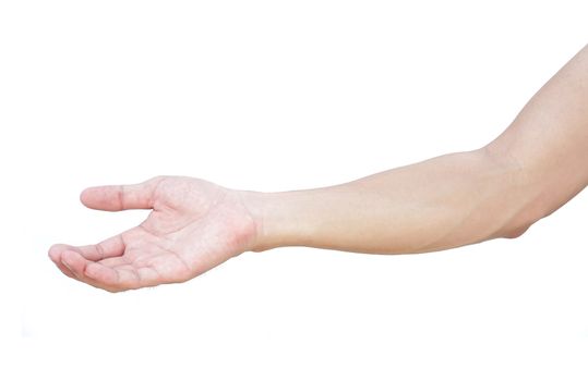 Man hands holding something on white background for product advertising concept