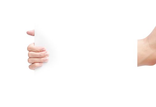 Hand holding blank white paper for advertise text