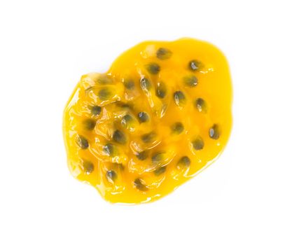 Closeup top view passion fruit seed on white background, fruit for healthy concept