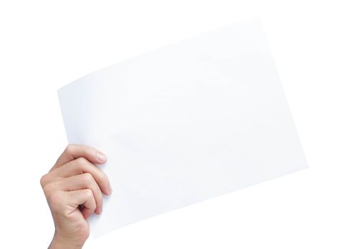 Hand holding blank white paper for advertise text with clipping path