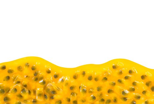 Closeup top view passion fruit seed on white background with copy space, fruit for healthy concept