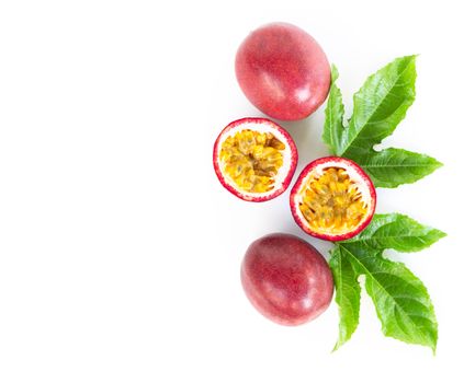 Closeup top view passion fruit on white background, fruit for healthy concept
