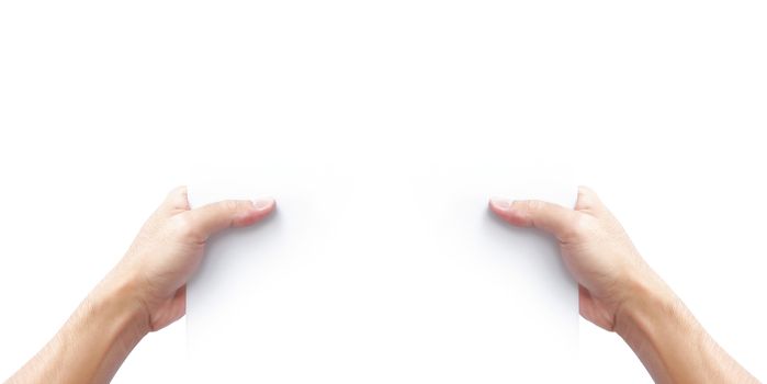 Hand holding blank white paper for advertise text