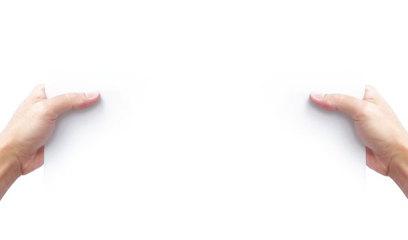 Hand holding blank white paper for advertise text