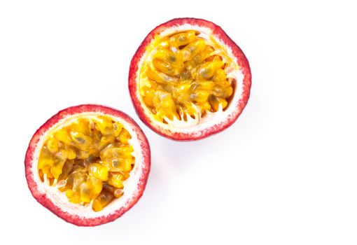Closeup top view passion fruit on white background, fruit for healthy concept