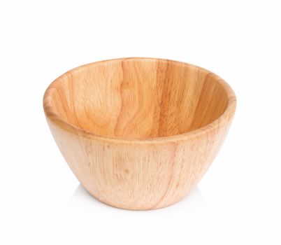 Closeup empty wooden bowl isolated on white background 