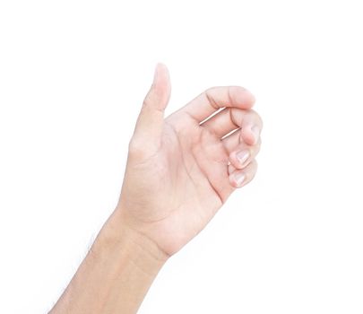 Man hands holding something on white background for product advertising concept