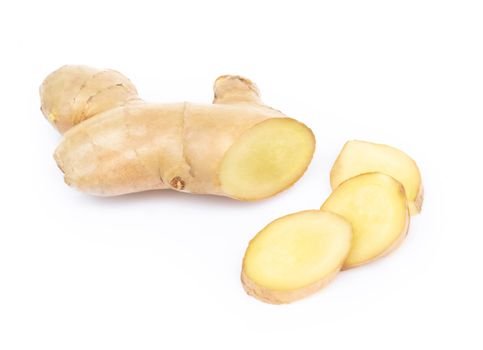 Fresh ginger root with sliced on white background for herb and medical product concept