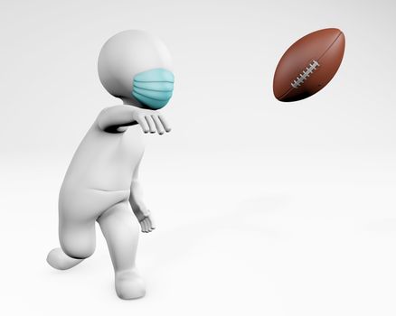 Fatty man with a mask playing american football 3d rendering, isolated on white