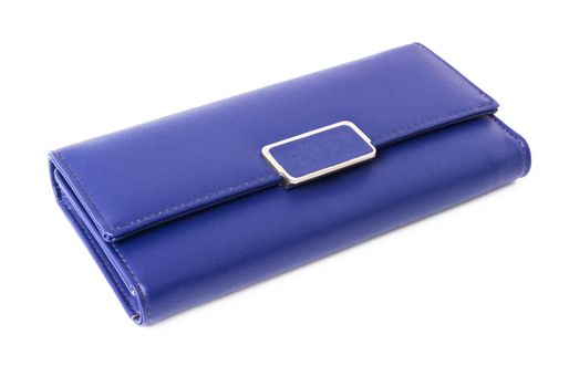 Closeup modern blue woman wallet on white background