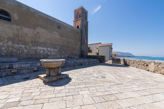Bastione di Capo Marchiafava bastion lookout point in Cefalu empty on a sunny day in spring season - Sicily, Italy.
