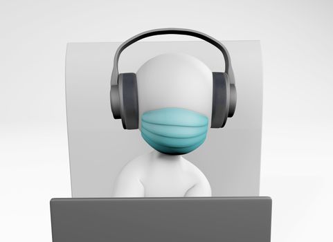 Fatty man with a mask working home office 3d rendering isolated on white