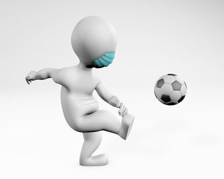 Fatty man with a mask playing soccer football 3d rendering isolated on white 