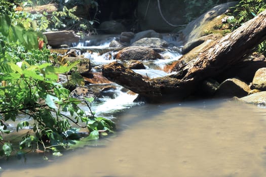 Close-up view of small waterfall flowing on stone