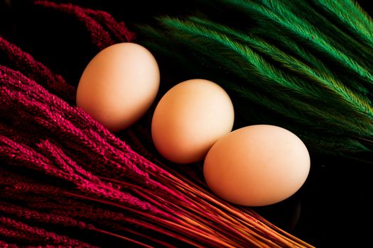 three eggs on red and green grass