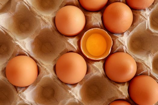 tray of raw eggs on background. Top view.