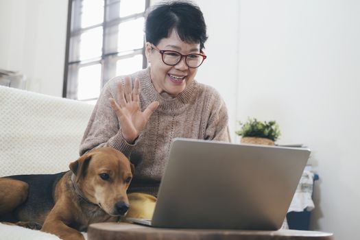 Asian senior woman making video call on laptop , waving at screen, chatting online with people who distance.