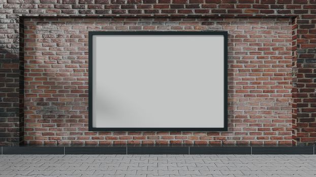 Blank street advertising billboard on the brick wall background. 3D rendering.