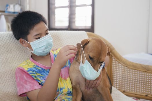 Boy in a medical mask puts a medical mask on his dog. Care for loved ones. Basic hygiene rules.