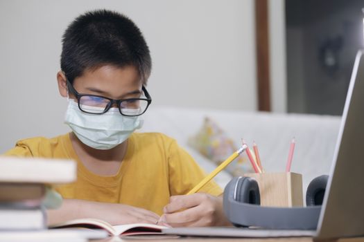 Boy wearing face masks online study homeshcooling at home.