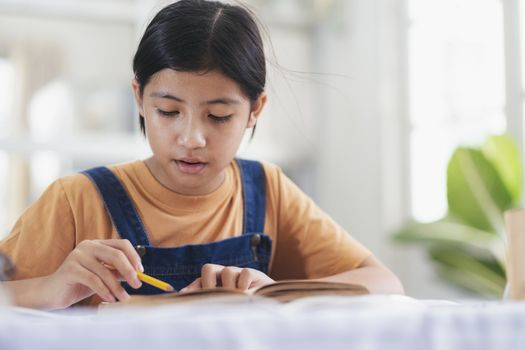 Asian girl reading and doing homework at her home. Education and self learning concept. 