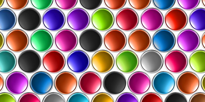 3D illustratio background of multicolored oil cans scattered on a white background.