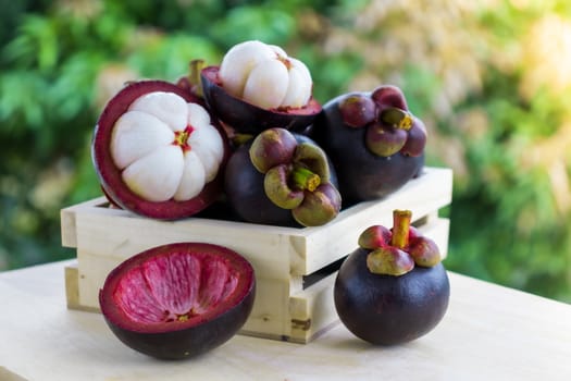 Mangosteen - The Queen of Tropical Fruit, dark-purple skin and creamy white fruit flash on wooden table