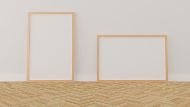 A blank picture and poster frames on the wall. 3D Rendering.