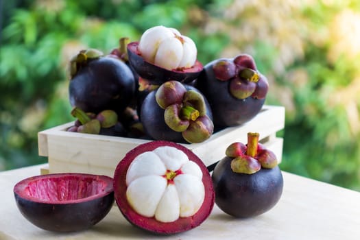 Mangosteen - The Queen of Tropical Fruit, dark-purple skin and creamy white fruit flash on wooden table