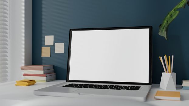 Mockup blank white screen computer laptop on working table at home office. Workspace with laptop and office supplies. 3D Rendering.