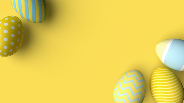 Easter eggs painted in yellow tone colors on a yellow background. Easter background concept- 3d illustration.
