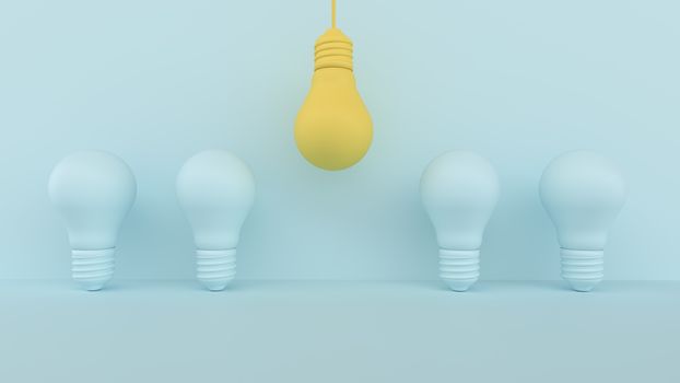 Minimal idea creativity inspiration concept. Yellow bulb outstanding on blue pastel background - 3d illustration.