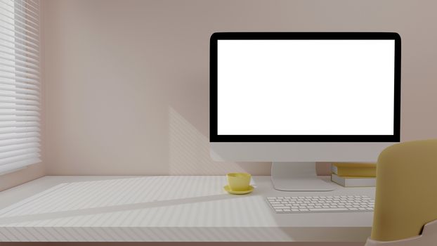 Blank screen desktop computer in home office room. 3D Rendering.