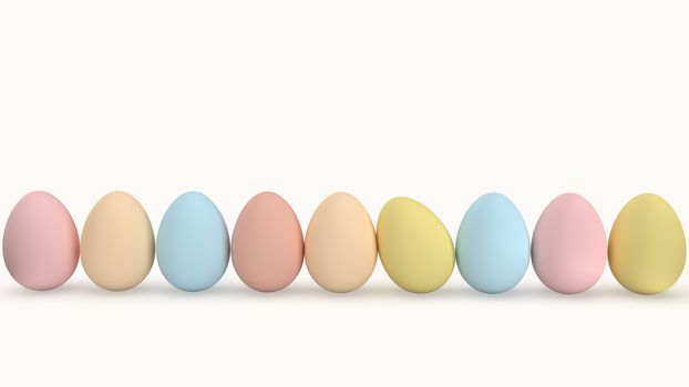 Easter eggs painted in pastel colors on a white background. Easter background concept- 3d illustration.