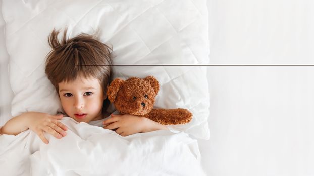 Toddler lies in bed with cute teddy bear. Little boy under white blanket with fluffy toy. Plush guard watches out child's sleep. Morning bedtime at cozy home.