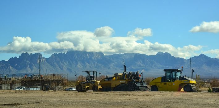 USA, NEW MEXICO - NOVEMBER 23, 2019: road machinery near the road, road repair, New Mexico, USA