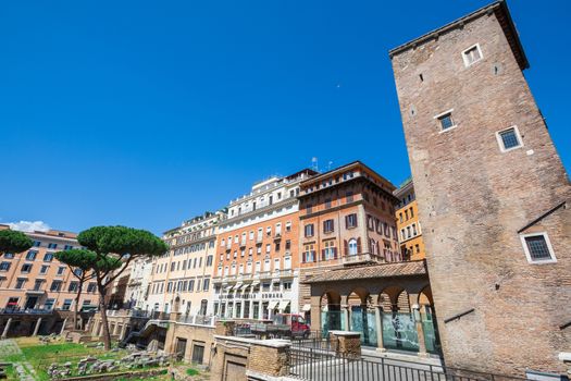 Rome, Italy. May 25, 2020: Largo di Torre Argentina, square in Rome Italy with four Roman Republican temples and the remains of Pompey's Theater. Archeological area.