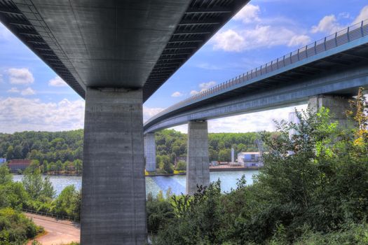 Different views at and from the big Kiel canal bridge in northern germany.